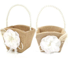 Load image into Gallery viewer, Flower Girl Rustic Burlap Basket with Pearl Handle and Matching Ring Pillow
