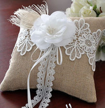 Load image into Gallery viewer, Flower Girl Rustic Burlap Basket with Pearl Handle and Matching Ring Pillow
