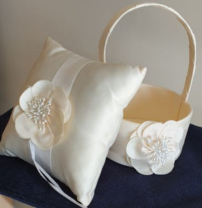 Flower Girl Chic Champagne Satin Basket with Matching Ring Pillow