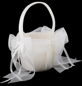 Elegant Flower Girl Basket with Tulle & Ribbon Bows