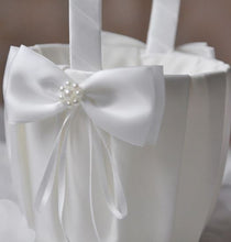 Load image into Gallery viewer, Flower Girl Satin Basket with Pearl Centred Bow &amp; Matching Ring Pillow
