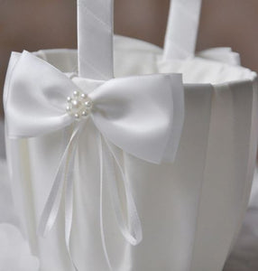 Flower Girl Satin Basket with Pearl Centred Bow & Matching Ring Pillow