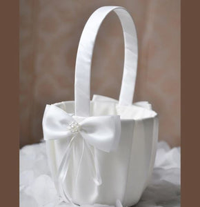 Flower Girl Satin Basket with Pearl Centred Bow & Matching Ring Pillow