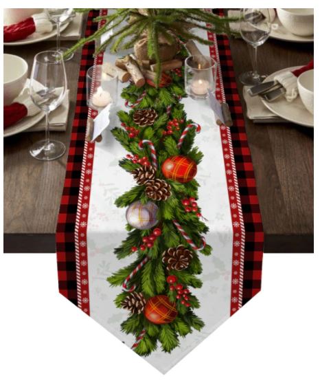 Christmas Tree Pine Needles, Candy Canes Baubles & Berries Table Runner