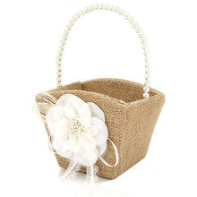 Load image into Gallery viewer, Flower Girl Rustic Burlap Basket with Pearl Handle and Matching Ring Pillow
